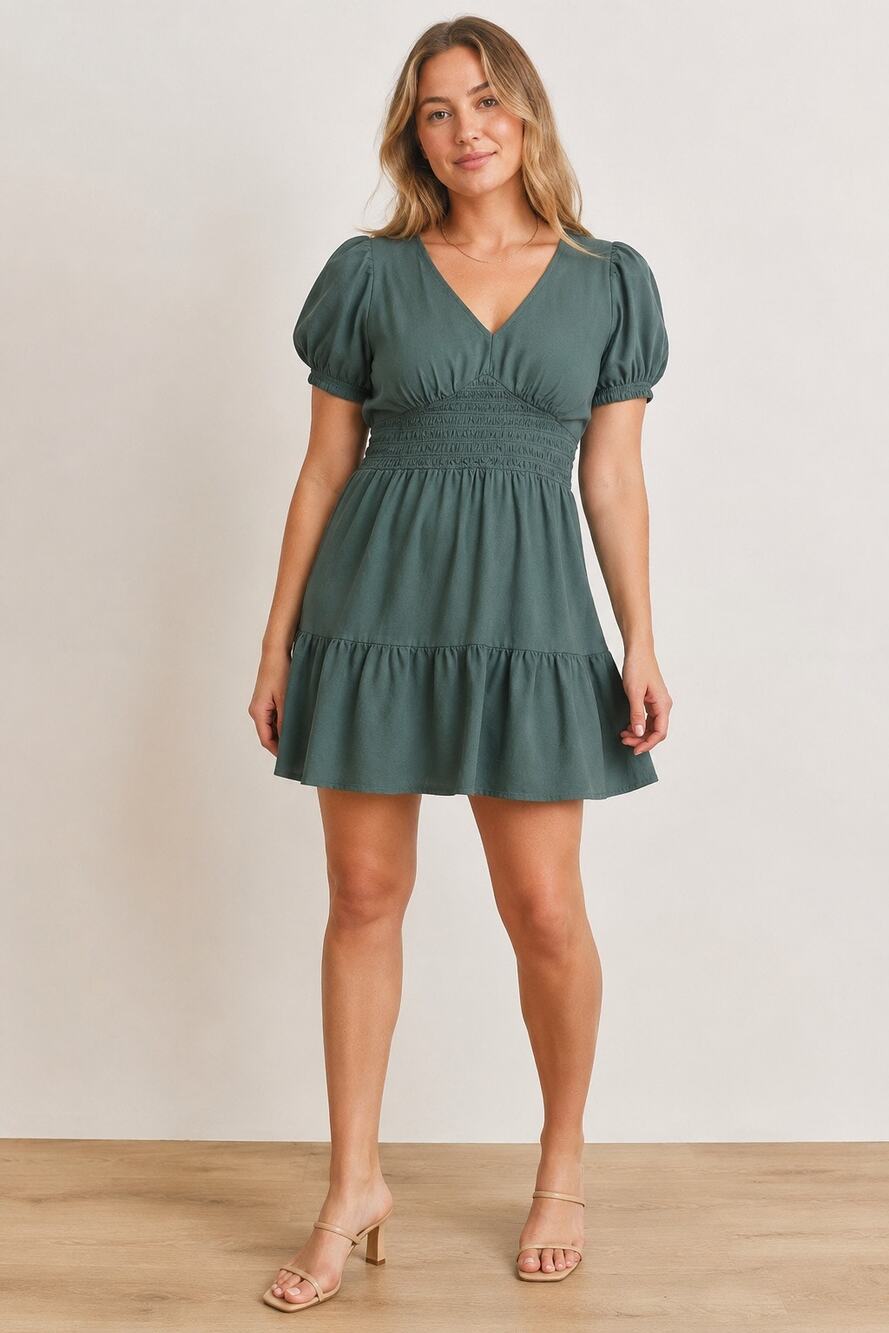 GAP Womens Green Smocked Waist Puff Sleeve Tiered V-Neck Mini Dress Rayon Small